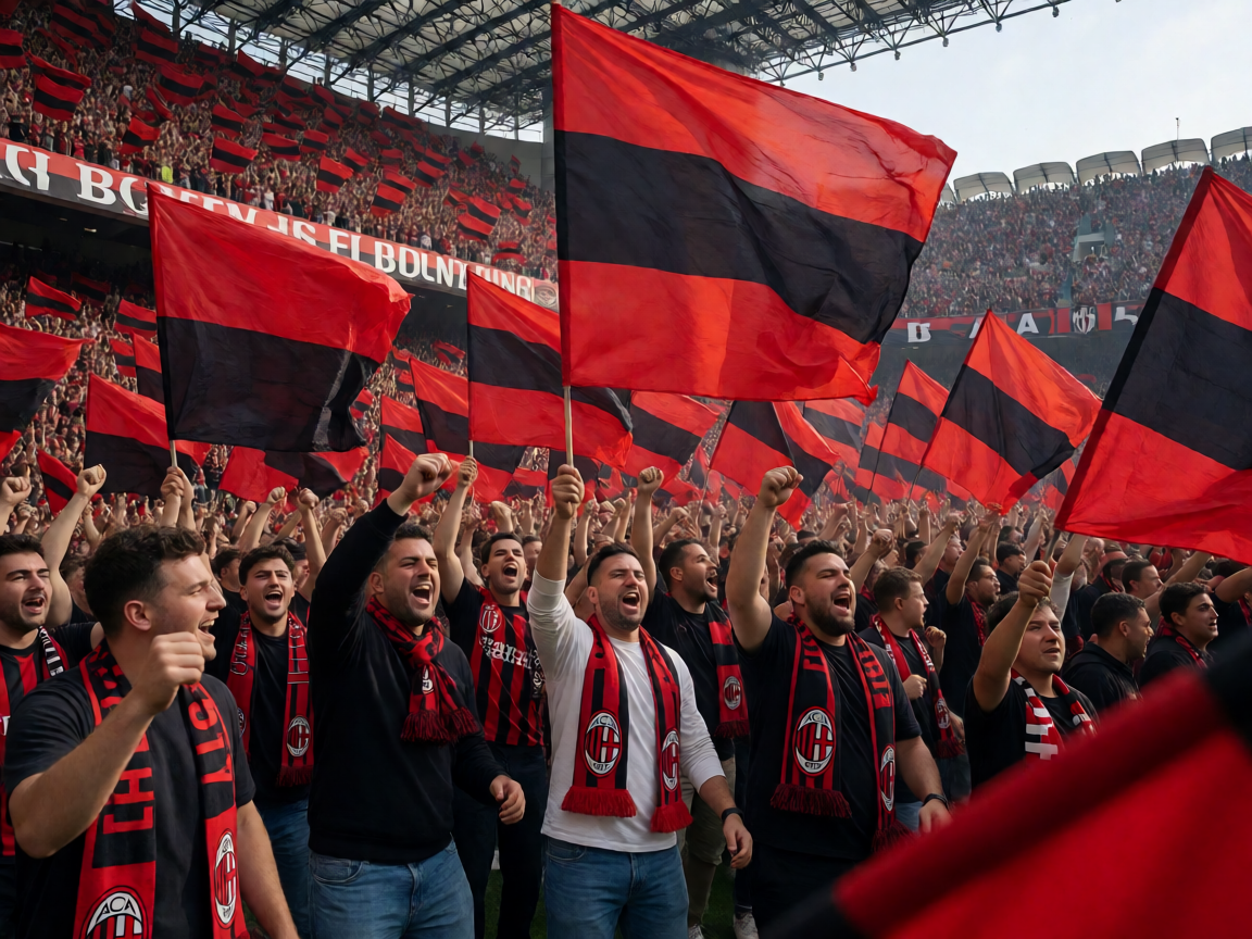 AC米兰球迷在圣西罗球场挥舞旗帜庆祝胜利，红黑色海洋